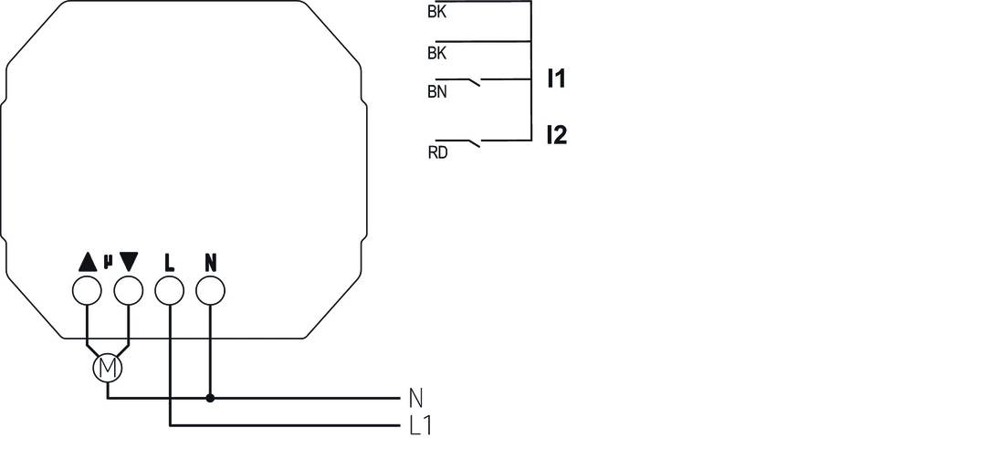 Schaltplan mit Anschlüssen: I1, I2, BK, BN, RD. Verbindungen zu N und L1. Drahtfarben zur Kennzeichnung elektrischer Leitungen.