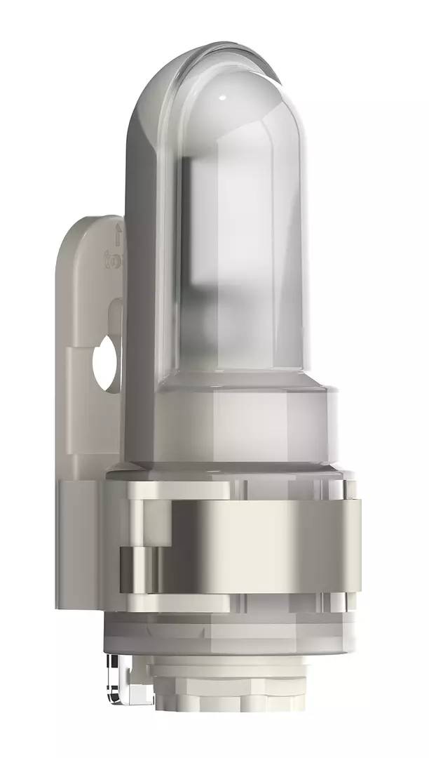 Nahaufnahme eines weißen Plastik-Inhalators mit transparentem Mundstück, seitliche Ansicht, zeigt den Mechanismus und Details.