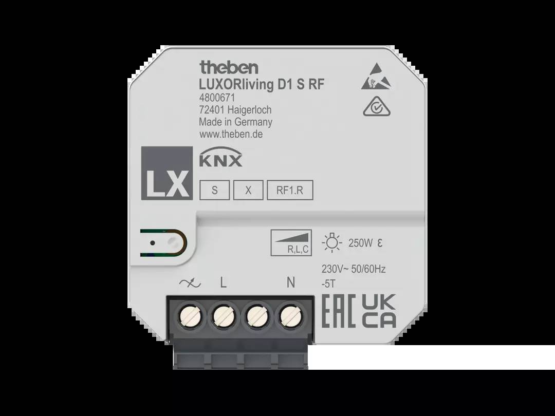 Ein KNX-Modul von Theben, Modell LUXORliving D1 S RF, 250W Leistung, für 230V Spannungen, aus Deutschland, unterstützt RF-Kommunikation.