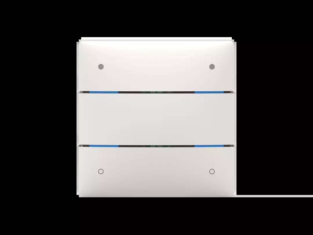 Ein weißer, rechteckiger Gegenstand mit vier kleinen Punkten und blauen Linien, möglicherweise ein elektrisches oder technisches Gerät.