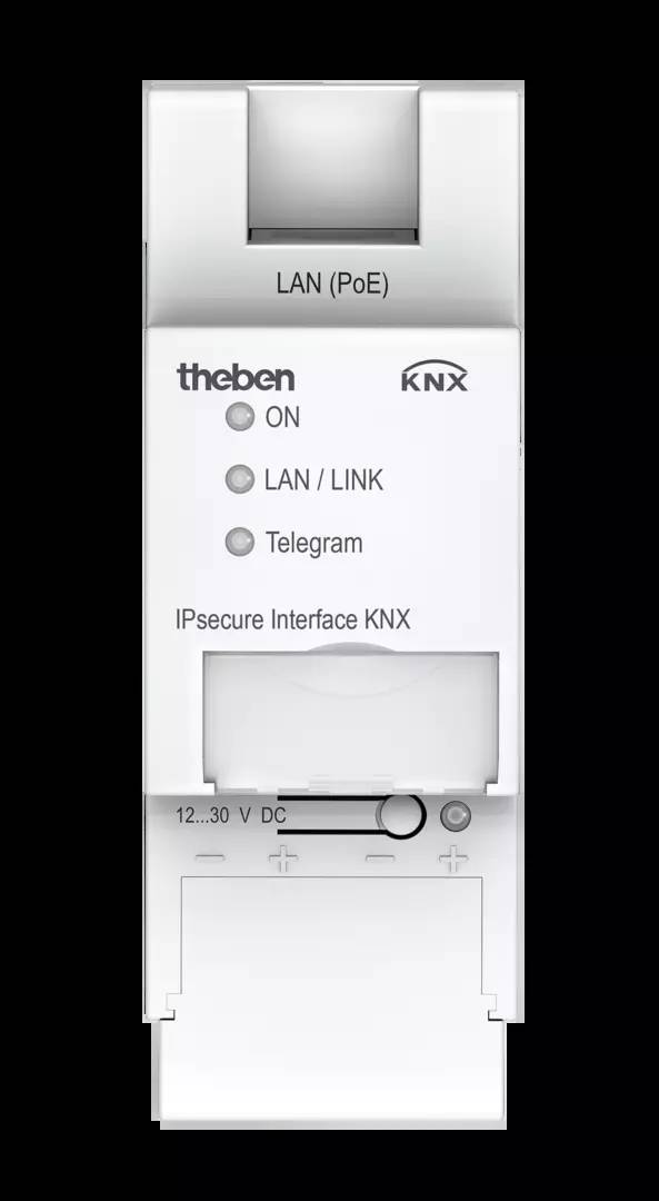 Weißes KNX IPsecure Interface mit drei Lichtern: 'ON', 'LAN / LINK', 'Telegram', und Beschriftung 'IPsecure Interface KNX'.