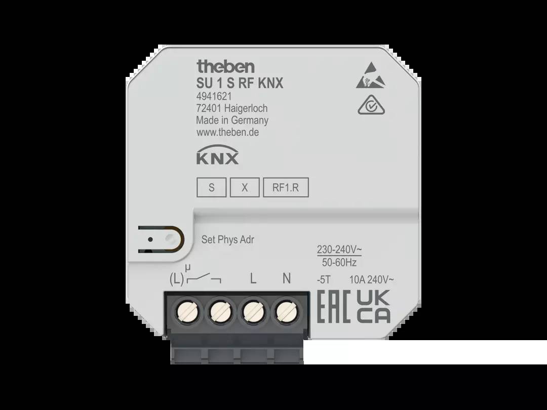 Ein weißes KNX-Modul mit vier Anschlussklemmen. Aufschrift: 'SU 1 S RF KNX' und weitere technische Spezifikationen.