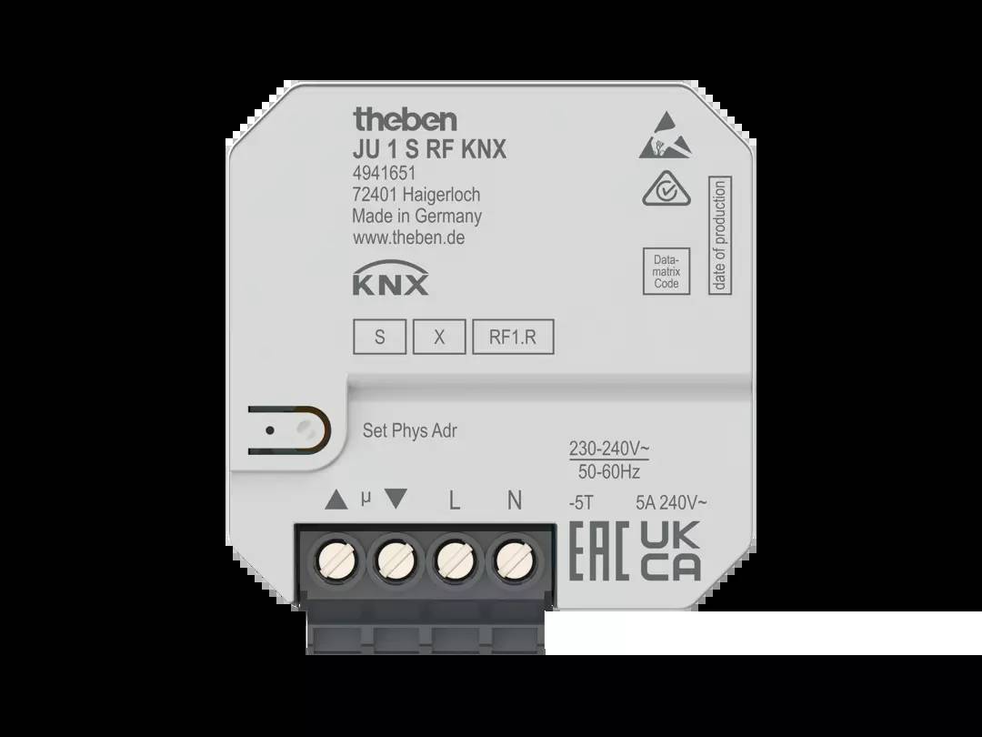 Ein KNX-Relaisaktor der Marke Theben, Modell JU 1 S RF KNX, zur Steuerung elektrischer Installationen, mit technischen Angaben und Anschlüssen.