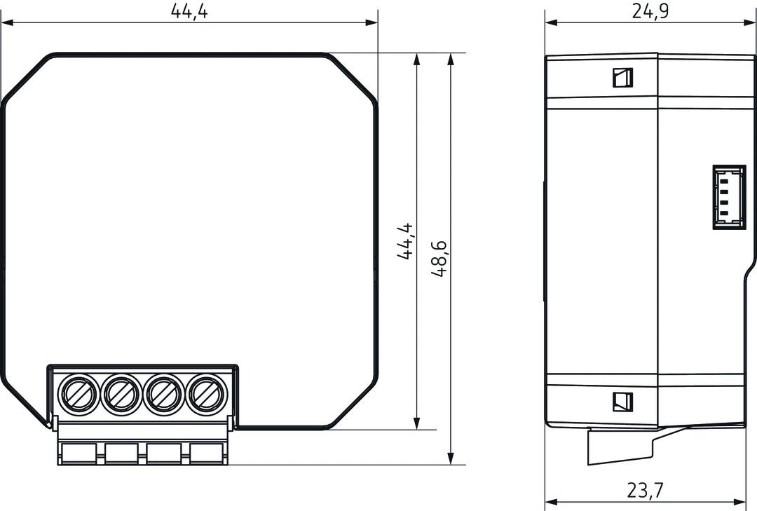Technische Zeichnung eines rechteckigen Bauteils mit Abmessungen: Breite 44,4 mm, Höhe 48,6 mm. Seitenansicht zeigt Anschlüsse.