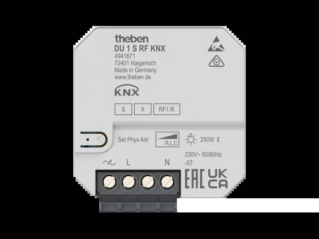 Ein KNX Schaltaktor mit Antenne und Anschlüssen. Beschriftet: 'DU 1 S RF KNX', 250V/230V AC, 50/60 Hz. Hersteller: Theben.
