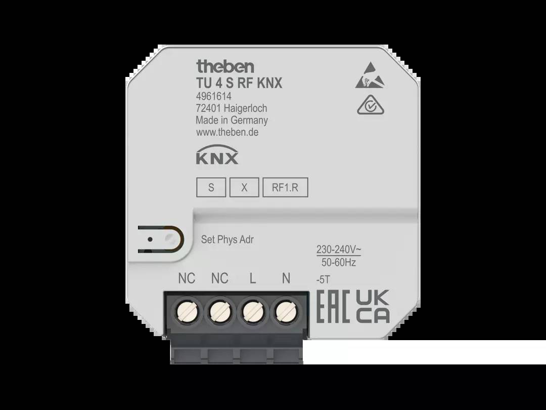 Elektrisches Gerät der Marke Theben, Modell TU 4 S RF KNX, geeignet für 230-240V, 50-60Hz, mit vier Anschlussklemmen.