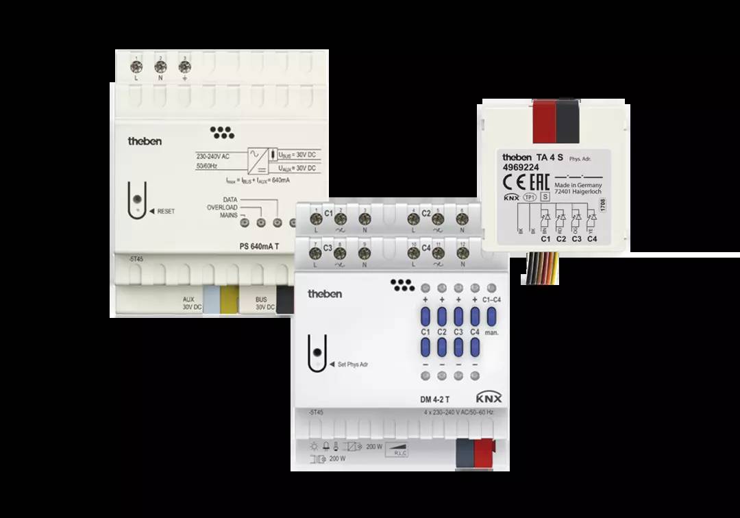 Diverse elektronische Komponenten mit Beschriftungen 'theben', 'TA 4 S', und 'PS 640mA T' zeigen Verteilungs- und Steuerungseinheiten.