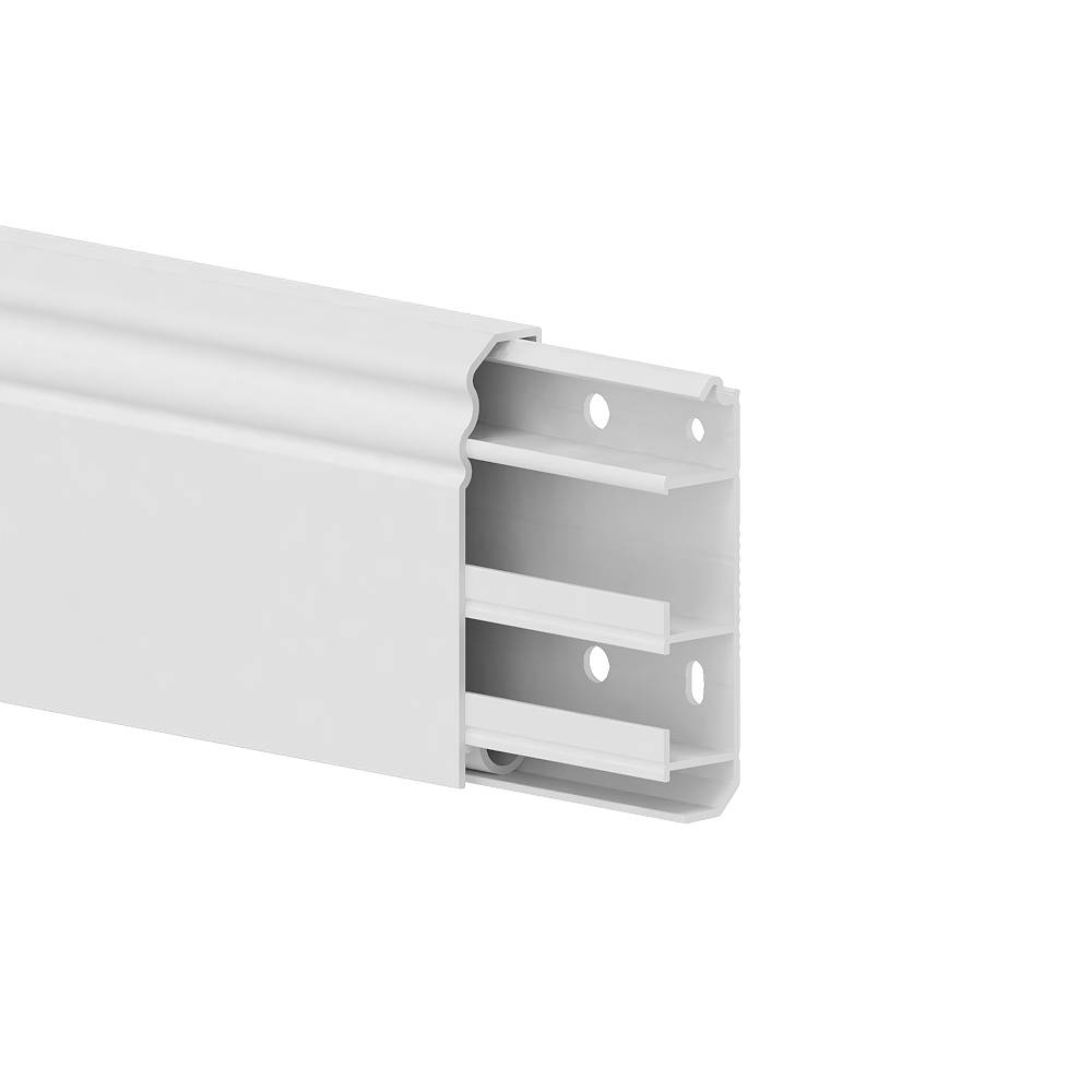 Metallisches Kanalsystem mit zwei sichtbaren Ebenen und Befestigungslöchern an den Seiten, geeignet für Kabelmanagement.