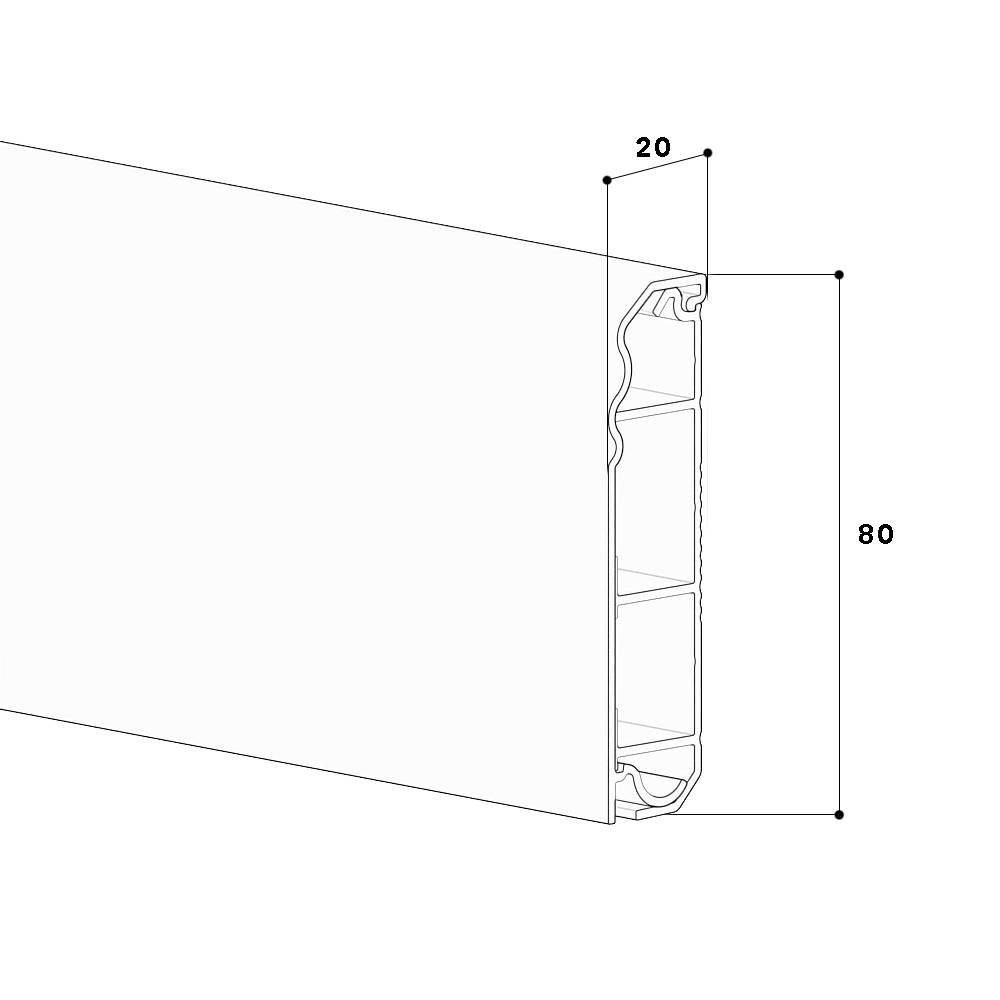 Technische Zeichnung eines Profilquerschnitts: Breite 20 mm, Höhe 80 mm, zeigt interne Strukturen und Maße des Profils.
