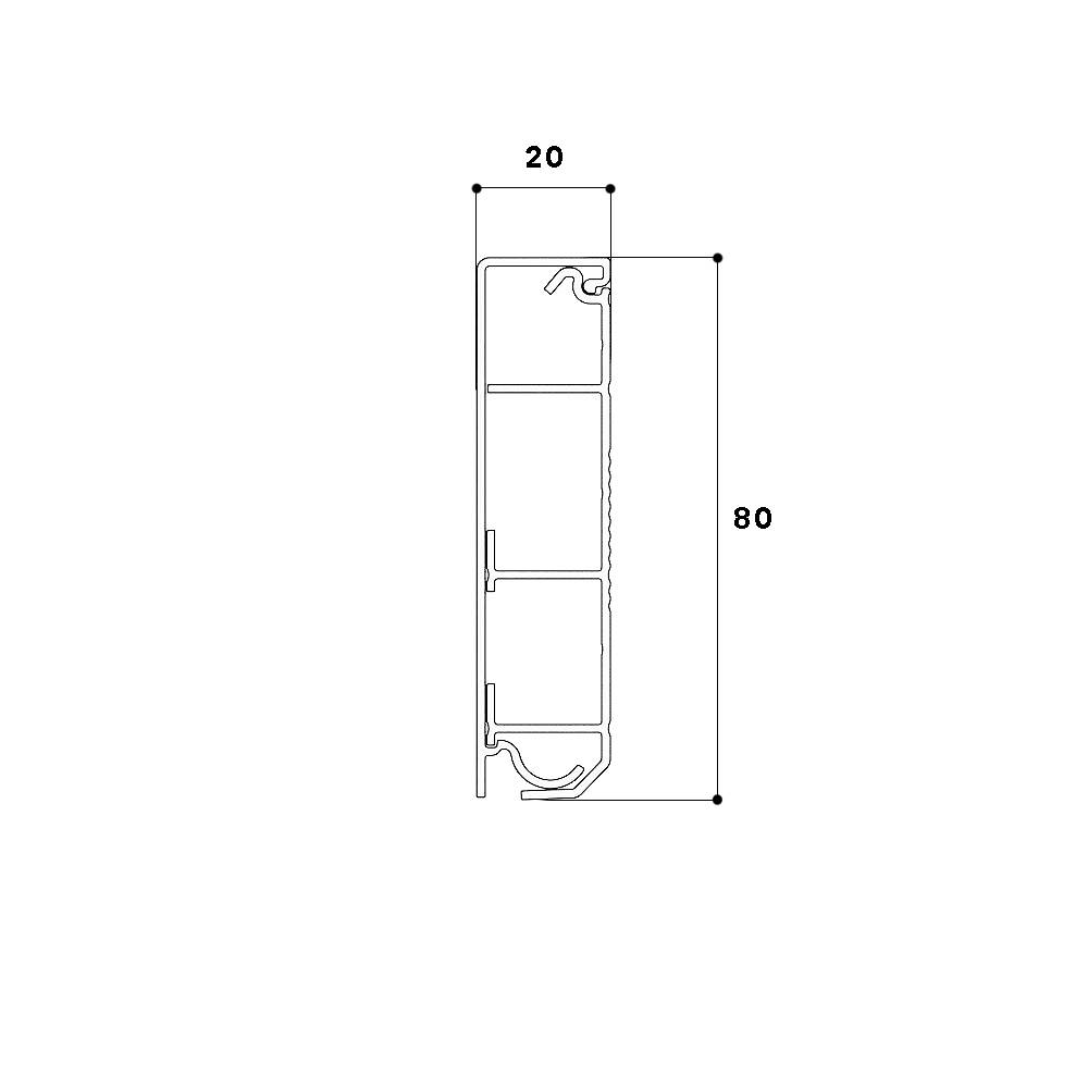Technische Zeichnung eines Profils. Rechteckig mit den Maßen 20 mm Breite und 80 mm Höhe.