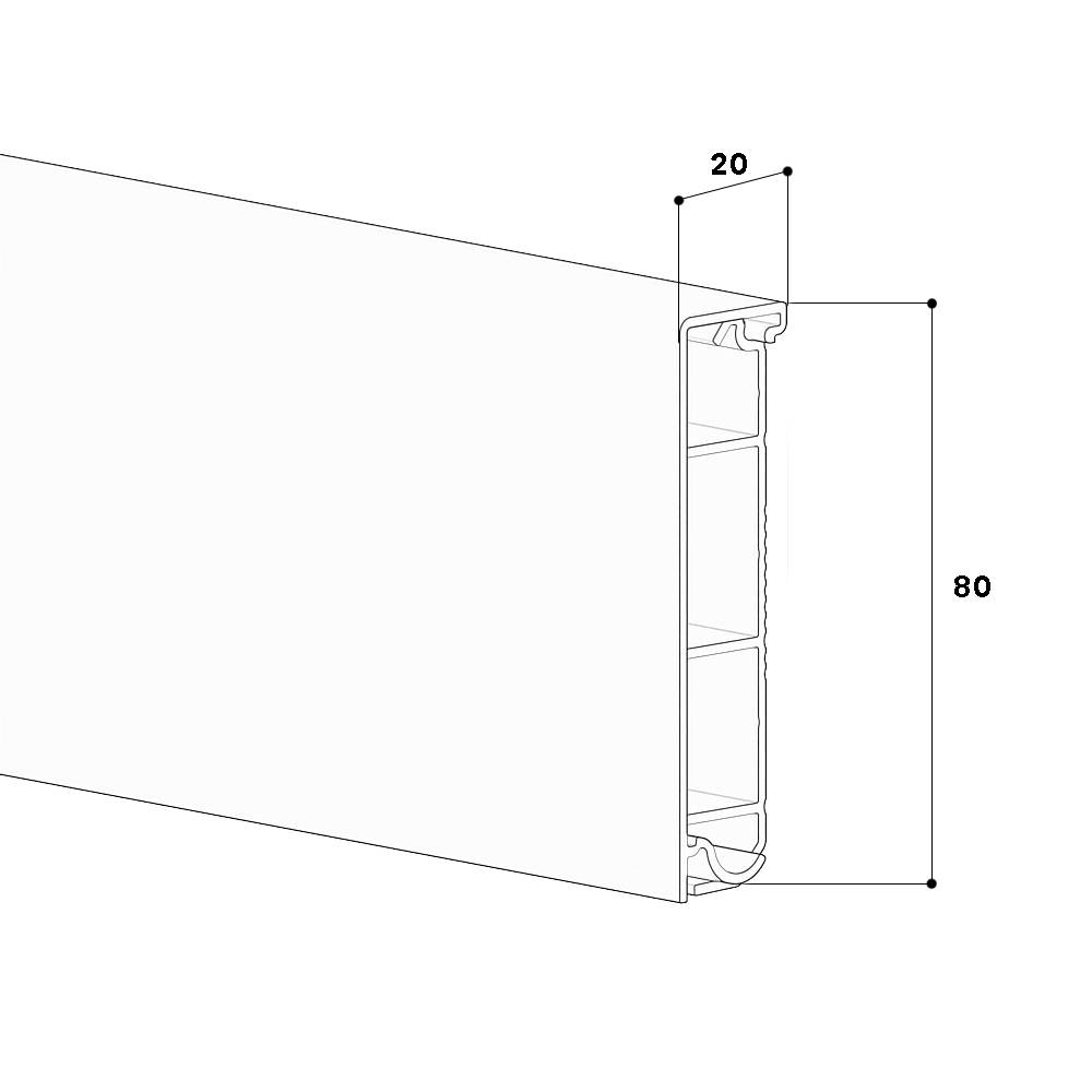 Technische Zeichnung eines rechteckigen Profils, 80 mm Höhe, 20 mm Breite, Querschnitt mit internen Hohlräumen dargestellt.