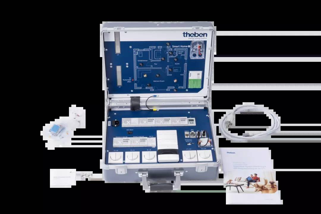 Offener Koffer mit Smart-Home-Steuerungskomponenten, Schaltplan im Deckel, Kabel und Zubehör, daneben Bedienungsanleitung.