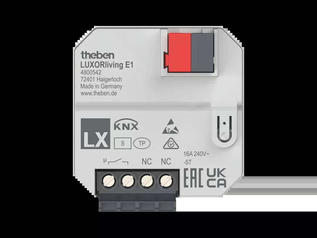 Elektronisches Modul 'theben LUXORliving E1', grau mit mehreren Schnittstellen, hergestellt in Deutschland für Smart-Home-Steuerung.