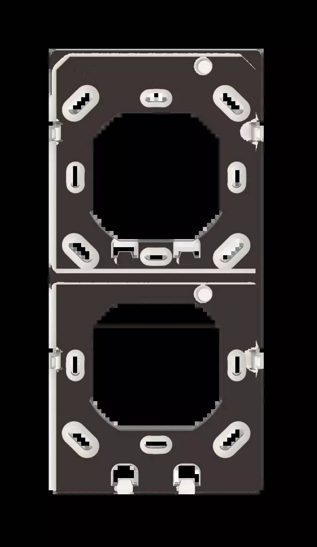 Das Bild zeigt eine vertikale Metallhalterung mit Öffnungen, die für die Montage von Komponenten verwendet werden kann.