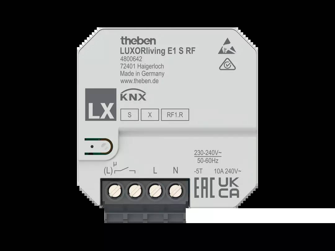Ein Theben LUXORliving E1 S RF Schaltaktor. Unterstützt KNX RF, geeignet für 230-240V, 50-60Hz. Anschlussklemmen sichtbar.