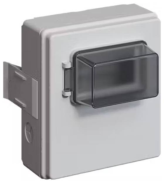 Grauer elektrischer Schutzkasten mit transparentem Deckel und Seitenhalterung.