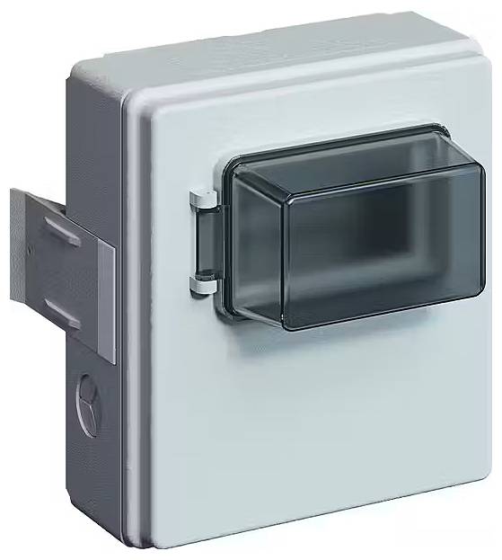 Graues Wandgehäuse mit transparentem Fenster und seitlichem Befestigungswinkel, geeignet für Elektroinstallationen.