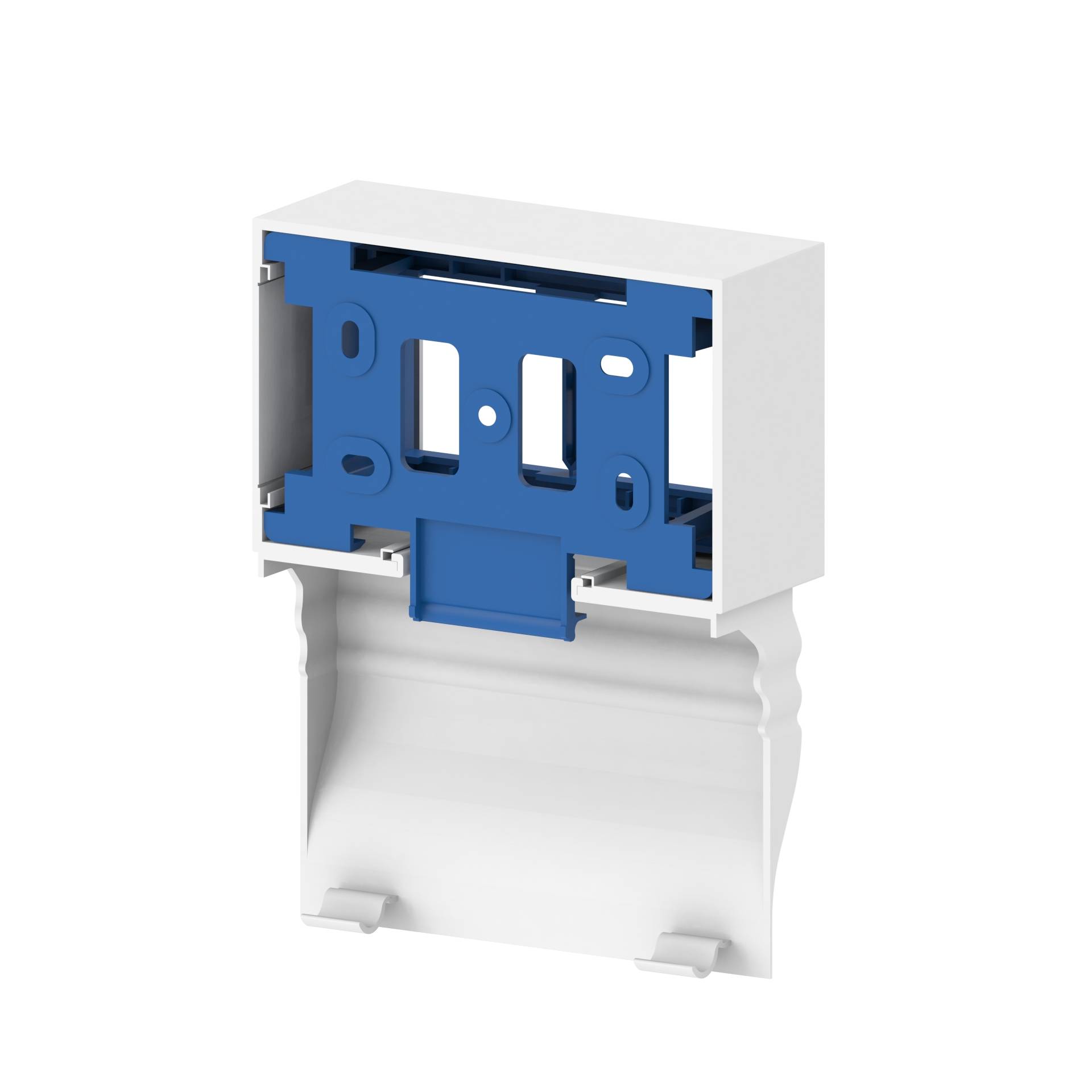 Ein weißes und blaues Gehäuse für Kabelmanagement, zeigt Öffnungen für Montage und Anschlüsse, mit einer Klappe an der Unterseite.