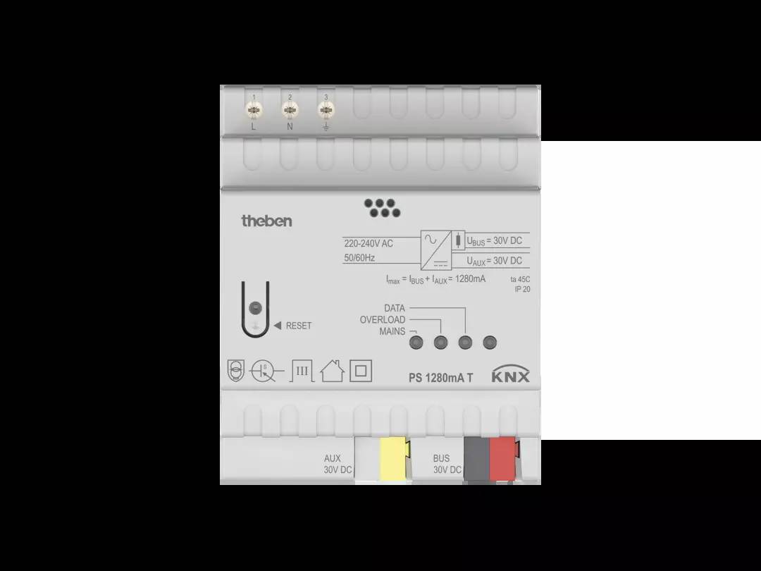 Ein KNX-Spannungsversorgungsgerät, Modell PS 1280 mA T, zur Versorgung eines KNX-Systems. Zeigt elektrische Anschlüsse und Statusanzeigen.