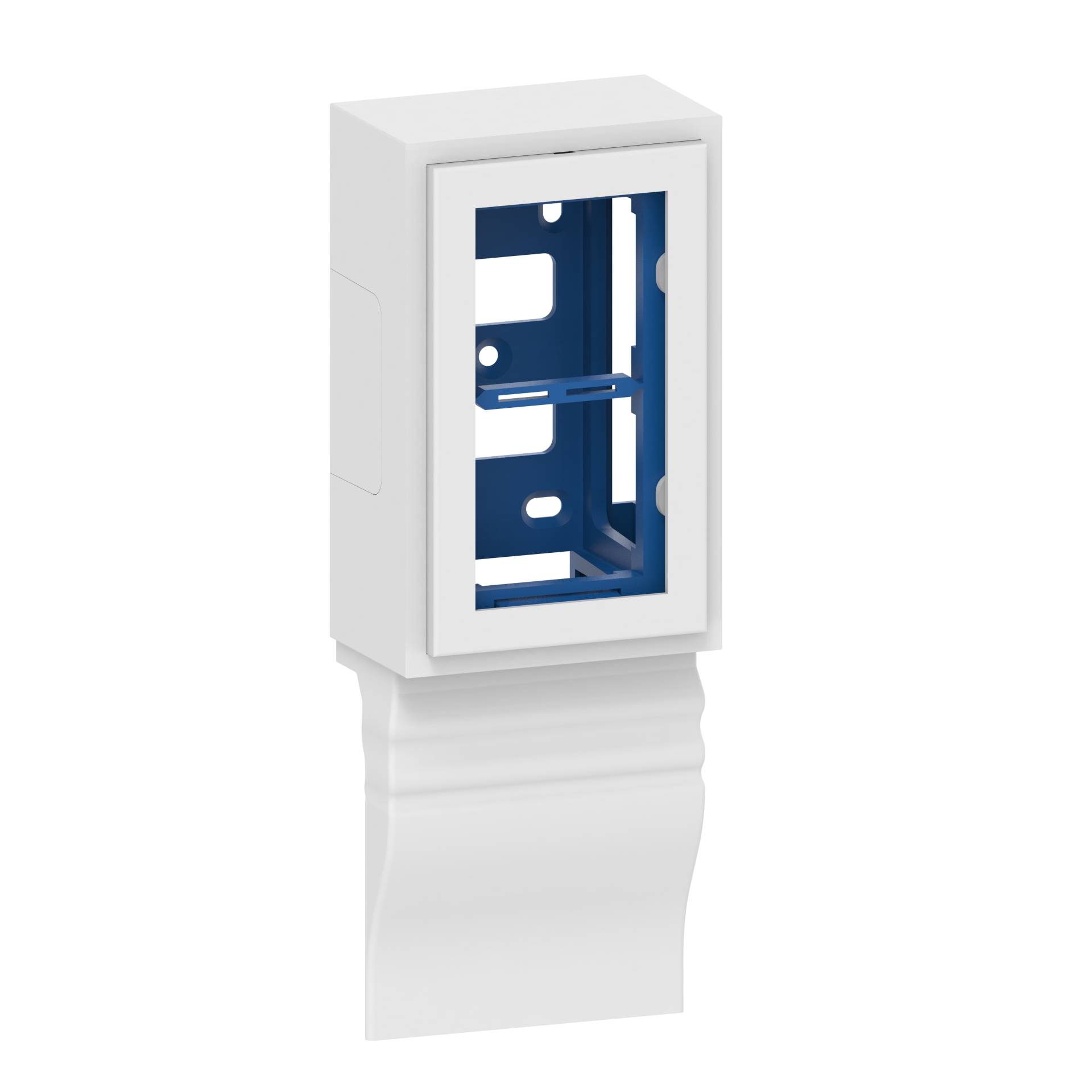 Ein rechteckiges, weißes Gehäuse mit einer blauen Inneneinlage, geeignet für die Montage von Schaltern oder Steckdosen.
