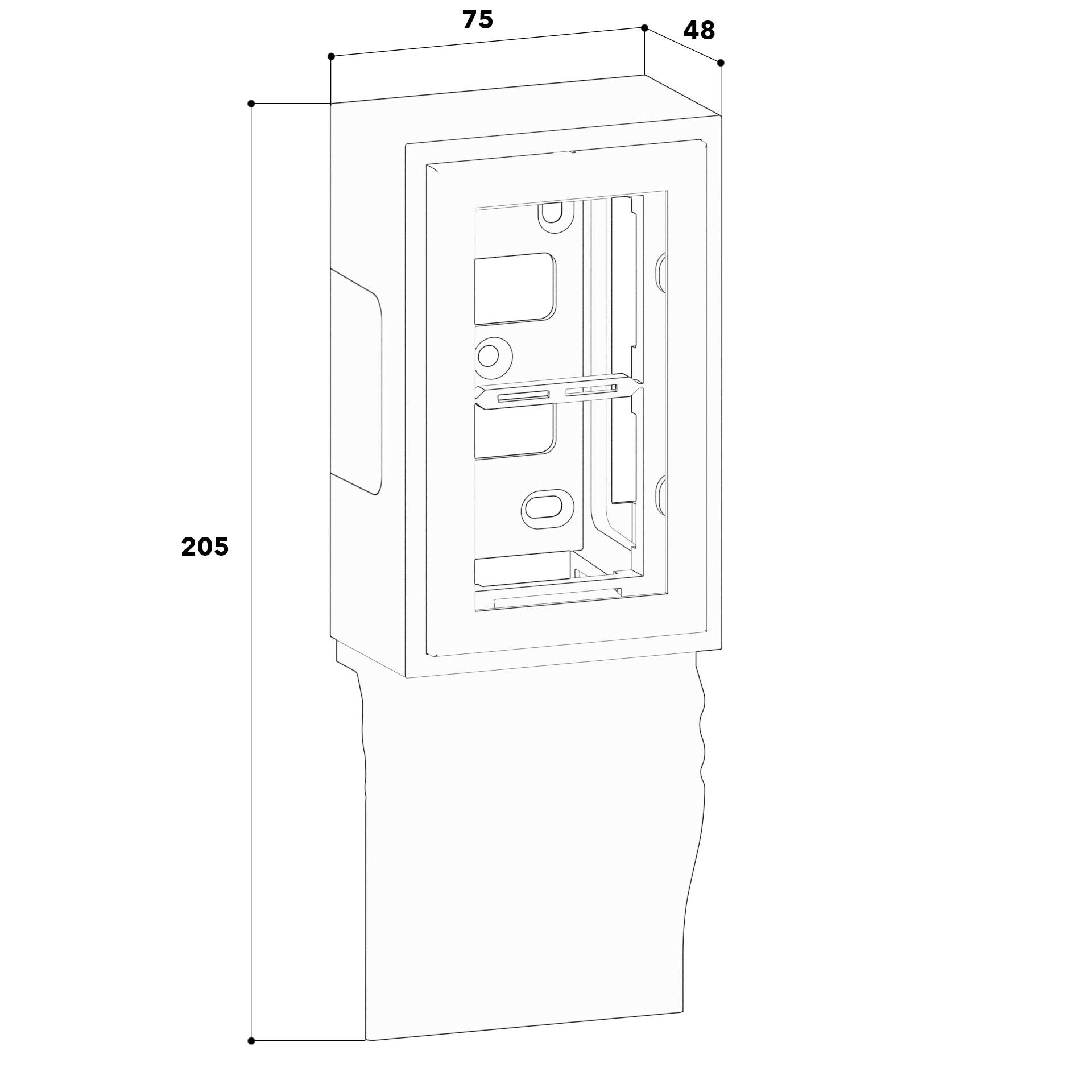 Eine schematische Zeichnung eines rechteckigen Kastens mit angegebenen Maßen: 75 cm Breite, 48 cm Tiefe, 205 cm Höhe.