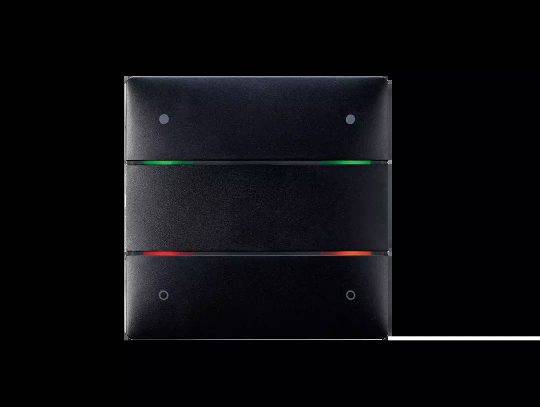 Ein schwarzer, rechteckiger Sensor mit grünen und roten Lichtanzeigen, wahrscheinlich für Zugangskontrolle oder Sicherheit.