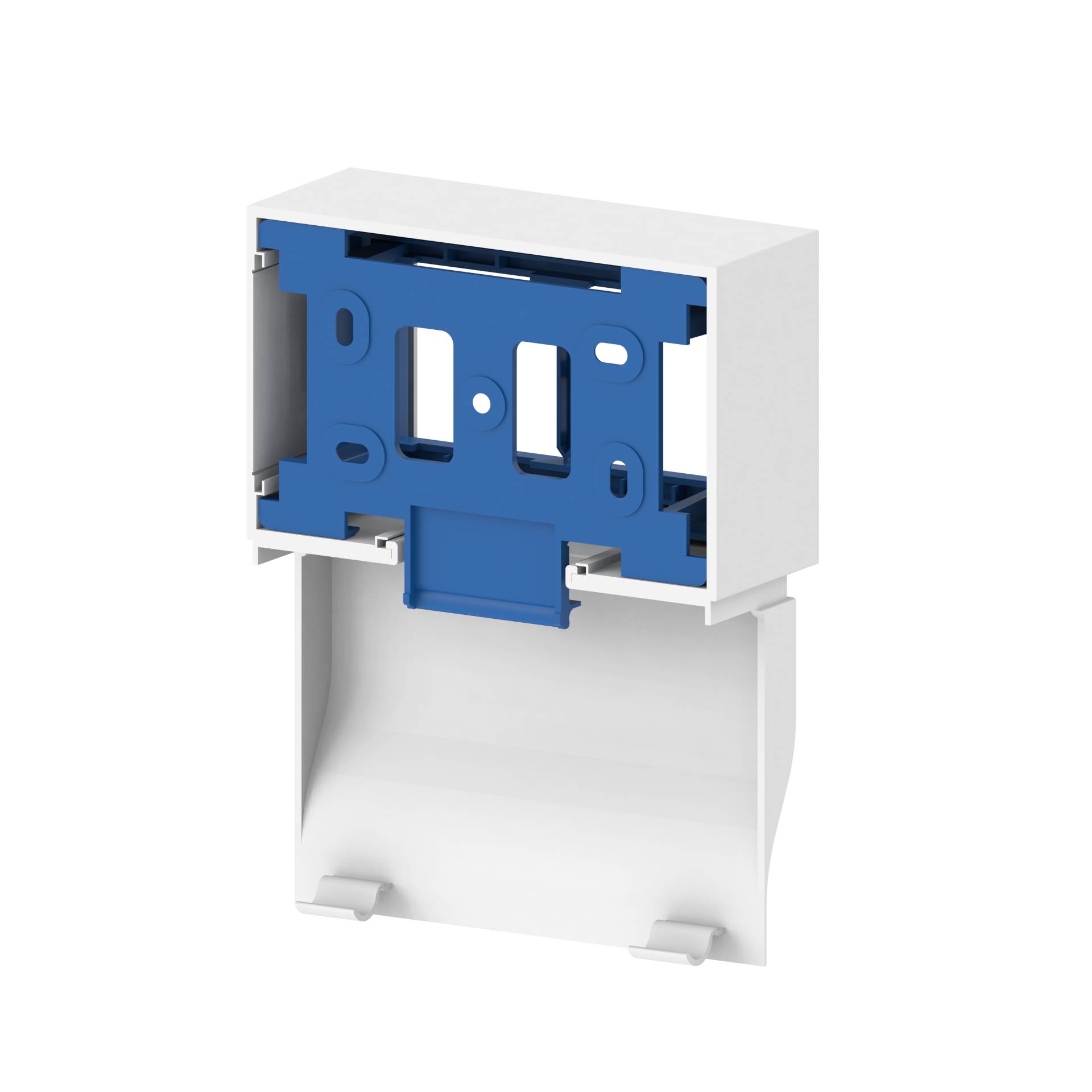 Ein weiß-blauer Verteilerkasten mit offenem vorderem Fach, geeignet zur Aufnahme elektrischer Komponenten, steht aufrecht.