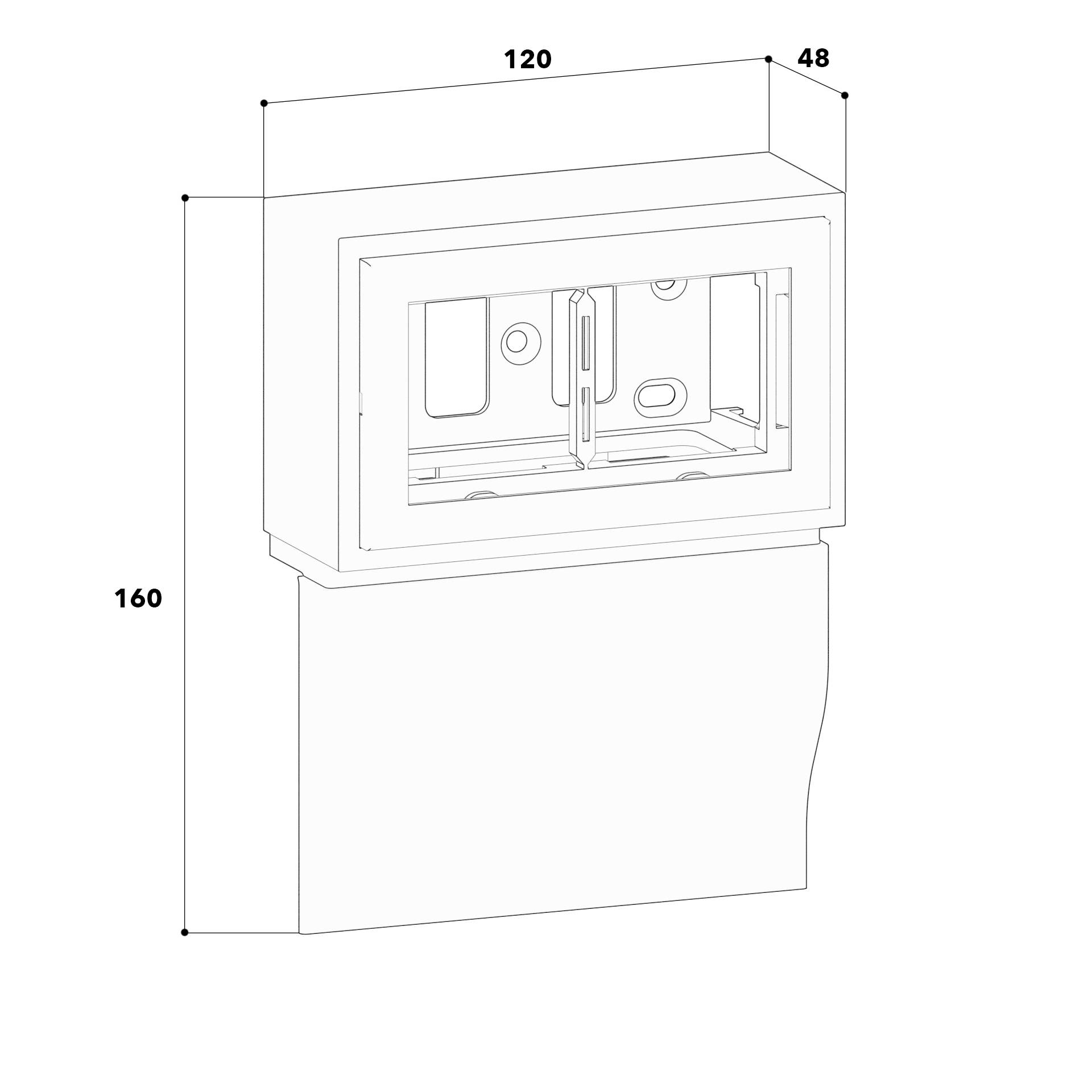 Zeichnung eines rechteckigen Gehäuses, 120 cm breit, 48 cm tief, auf einem Unterbau, 160 cm hoch. Entworfen zur Installation.