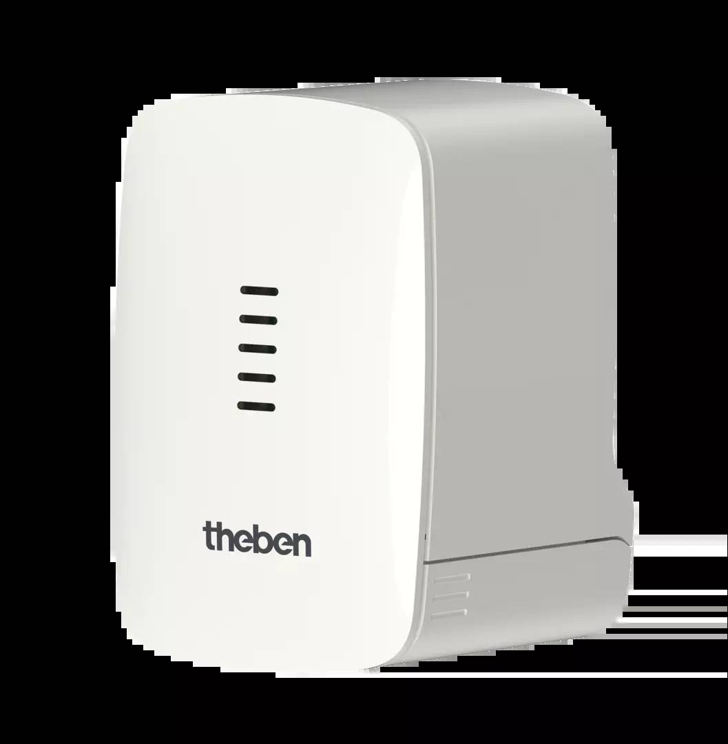 Ein weißes, wandmontiertes elektronisches Gerät mit drei Lüftungsschlitzen und dem Markennamen 'theben' auf der Vorderseite.