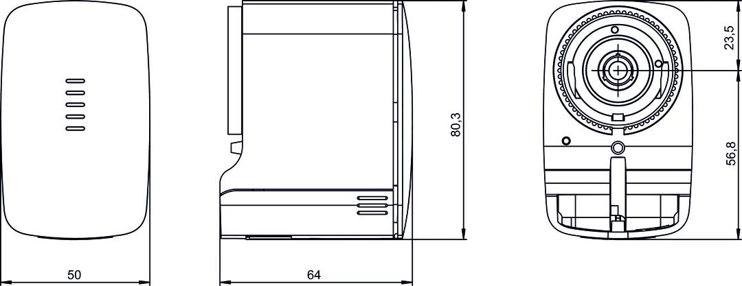 Strichzeichnung zeigt die Seitenansicht eines Geräts mit den Maßen 80,3 und 64, wahrscheinlich in Millimetern.