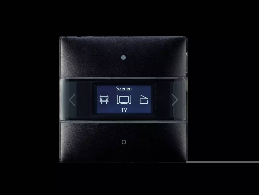 Ein schwarzer Touchscreen-Schalter zeigt die Option 'Szenen' mit Symbolen für 'TV', 'Entspannen' und 'Lesen'.