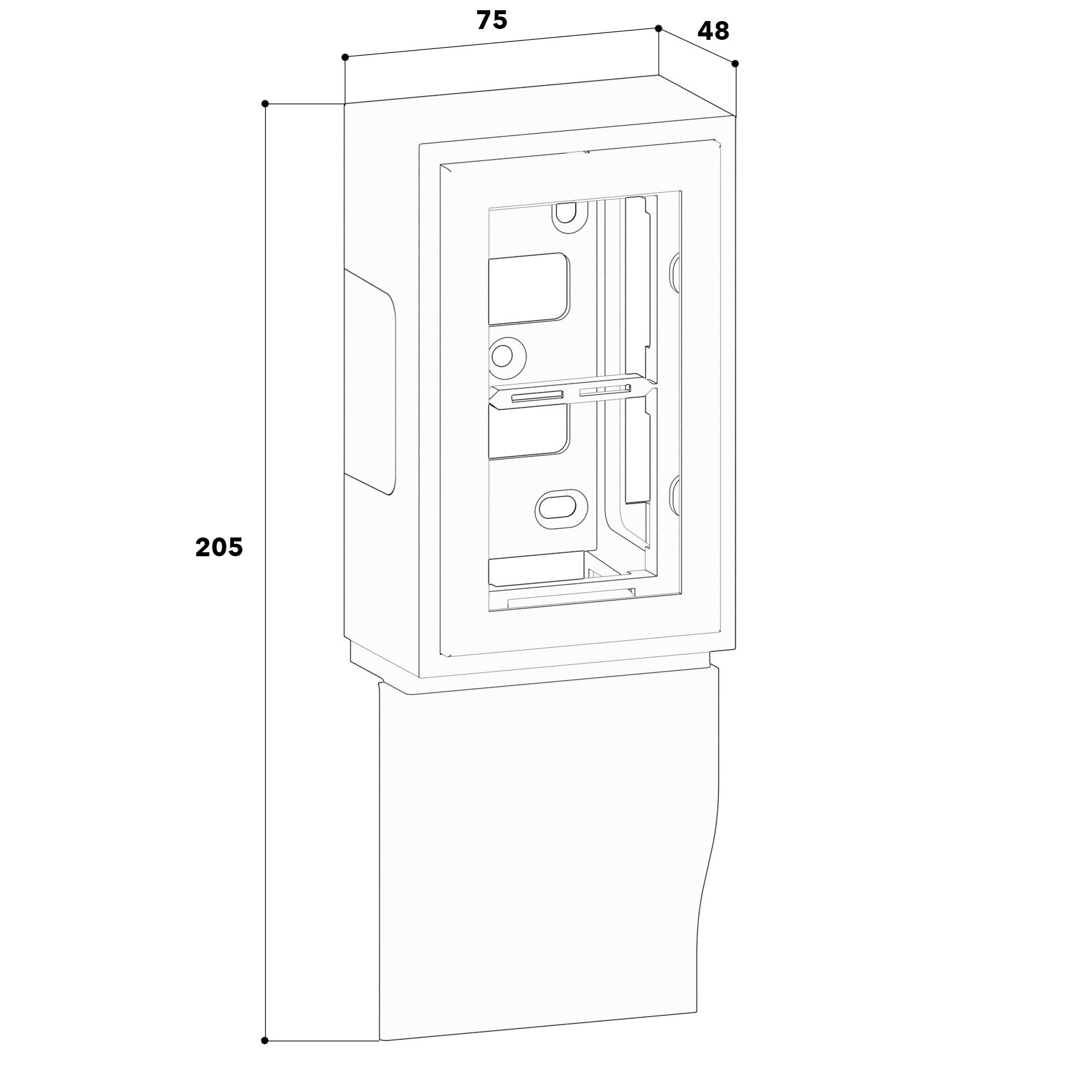 Ein Schaltkastengehäuse mit Maßen: Höhe 205 cm, Breite 75 cm, Tiefe 48 cm. Detaillierte Linienzeichnung mit Maßen.