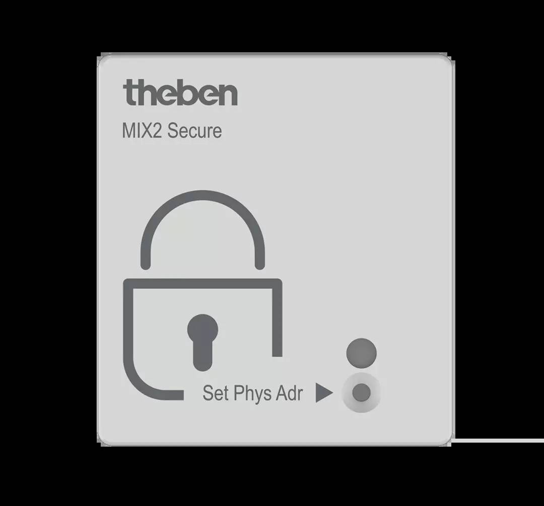 Ein graues Gerät mit dem Schriftzug 'theben MIX2 Secure'. Es zeigt ein offenes Schloss-Symbol und Knöpfe für 'Set Phys Adr'.