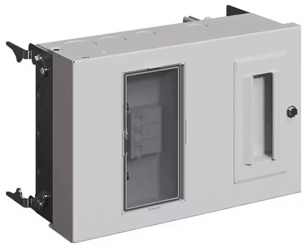 Silberner Schaltschrank mit zwei Türen und sichtbarem Steuermechanismus im Inneren. Geeignet für industrielle Anwendungen.