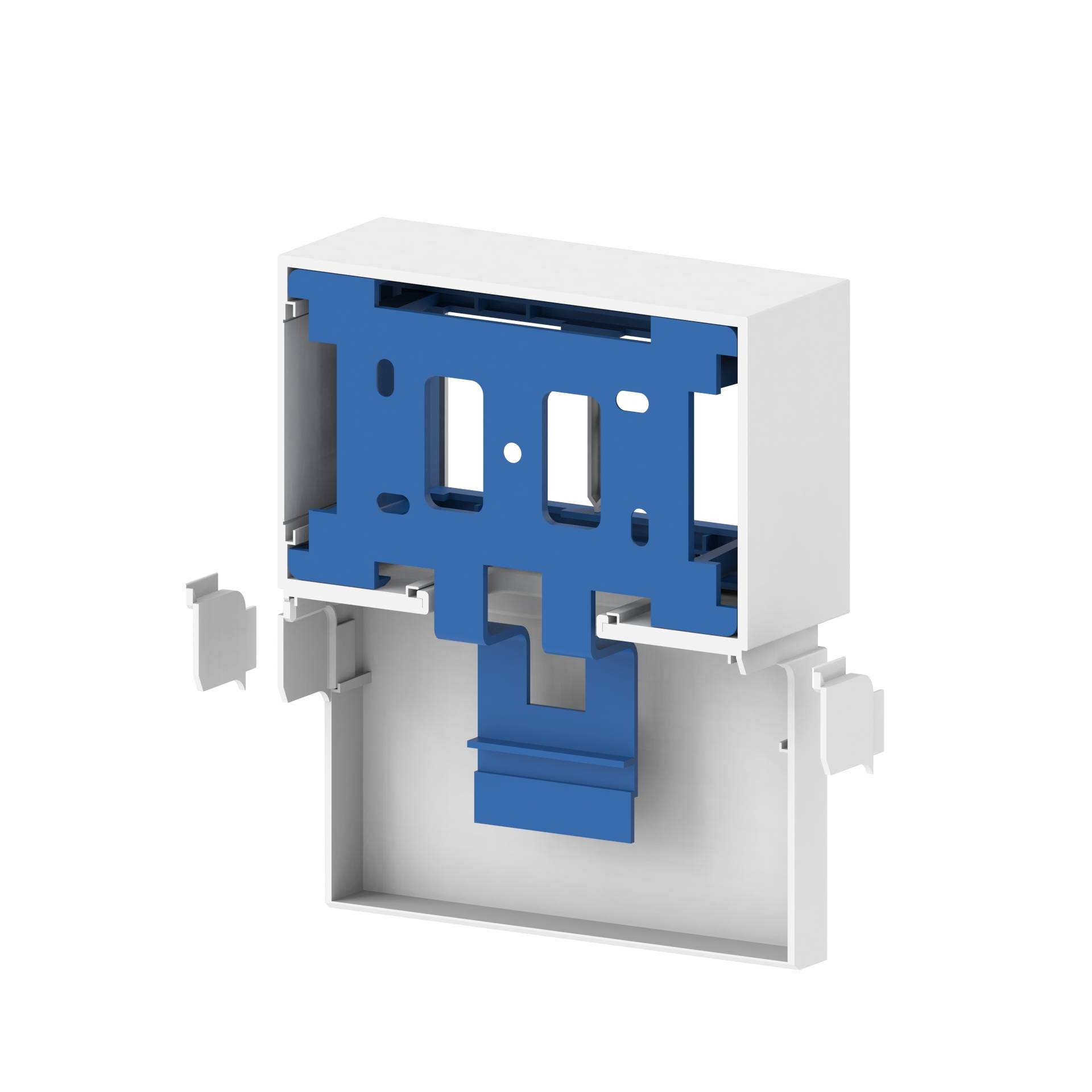 Ein weißes Gehäuse mit einem blauen internen Halterahmen, geöffnet und in drei Teile zerlegt, zeigt Innenansicht und Strukturdetails.