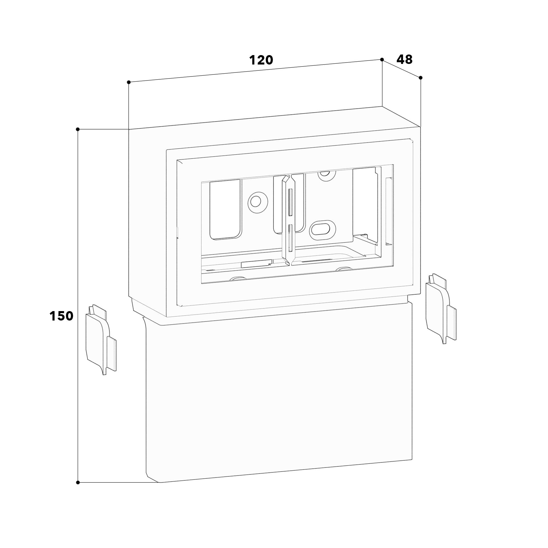 Technische Zeichnung eines rechteckigen Gehäuses mit Abmessungen 120x48x150. Zeigt Öffnungen und innere Details.