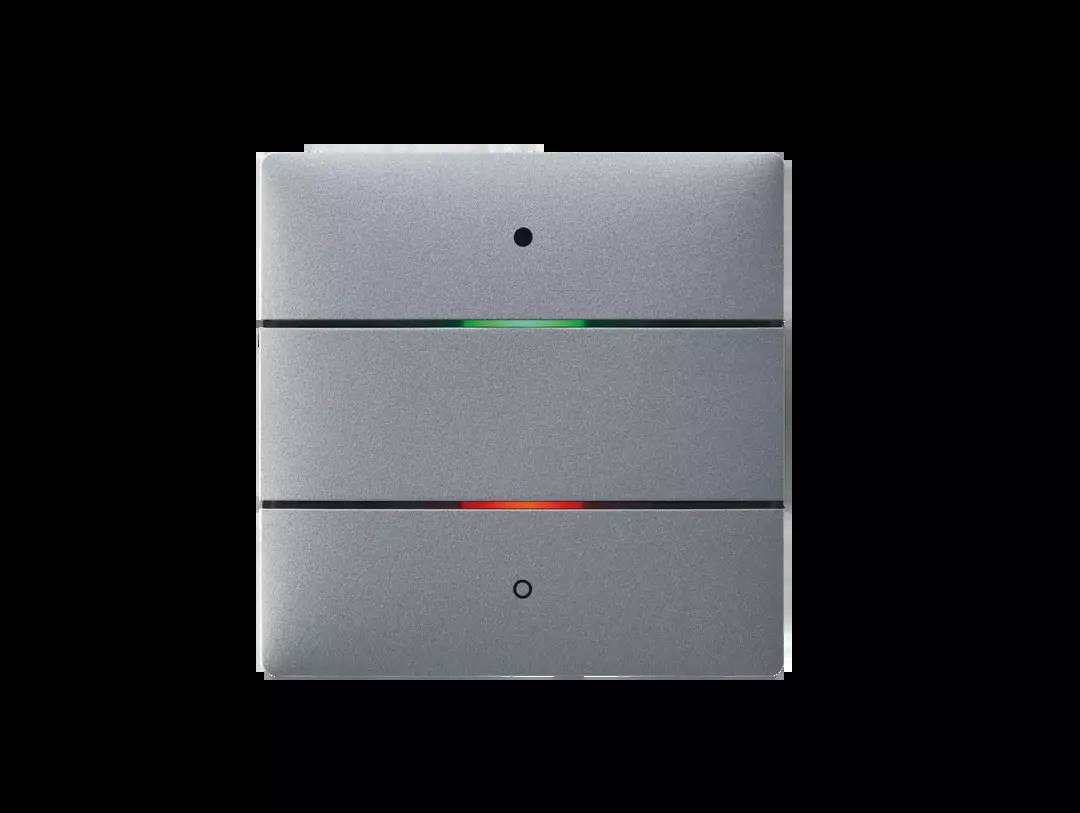 Ein elektrischer Wandschalter mit zwei Tasten und LED-Anzeigen, die grün und rot leuchten, zeigt Betriebsstatus an.