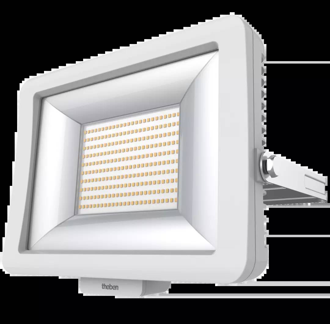 LED-Flutlicht in rechteckigem Design, geeignet für Außenbeleuchtung. Weißes Gehäuse mit verstärkter Halterung für Wandmontage.