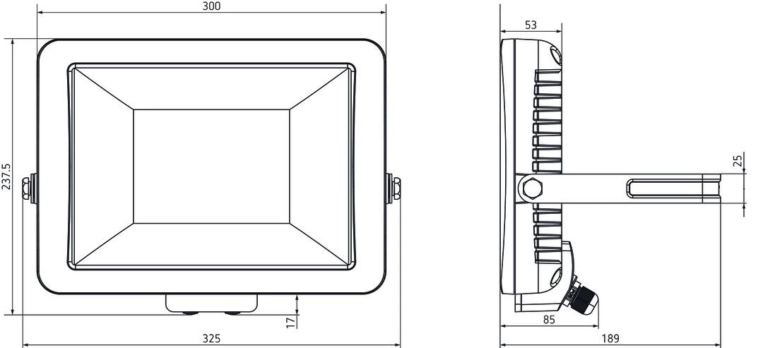 Technische Zeichnung eines rechteckigen Flutlichts mit Maßen: Breite 180 mm, Höhe 85 mm, Tiefe 53 mm, symbolische Schaltpläne.