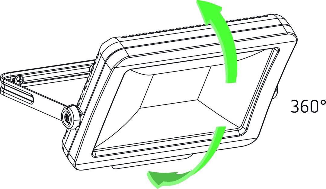 Abbildung eines verstellbaren Scheinwerfers mit Pfeilen, die die mögliche Bewegungsrichtung des Scheinwerfers anzeigen.