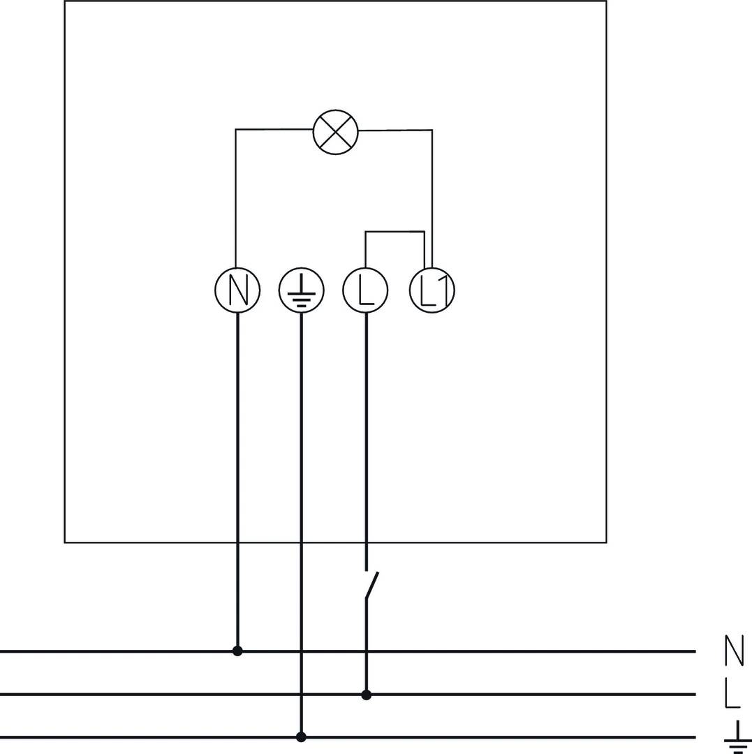 Schaltplan zeigt einen einpoligen Schalter, der eine Lampe steuert, verbunden mit Nullleiter (N) und Phase (L).