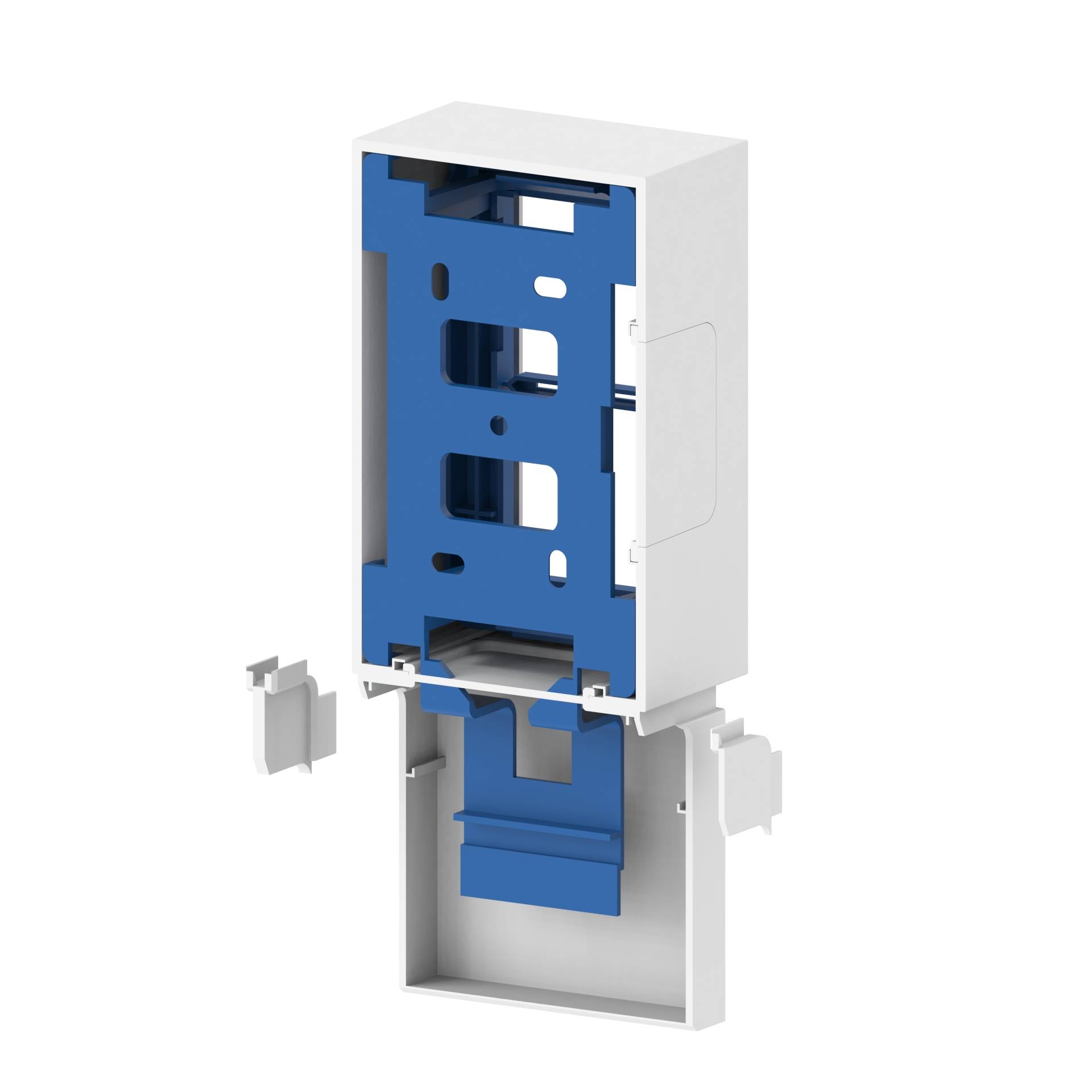 Ein weißes elektrisches Gehäuse mit einem herausnehmbaren blauen Einsatz und abnehmbaren Seitenteilen.