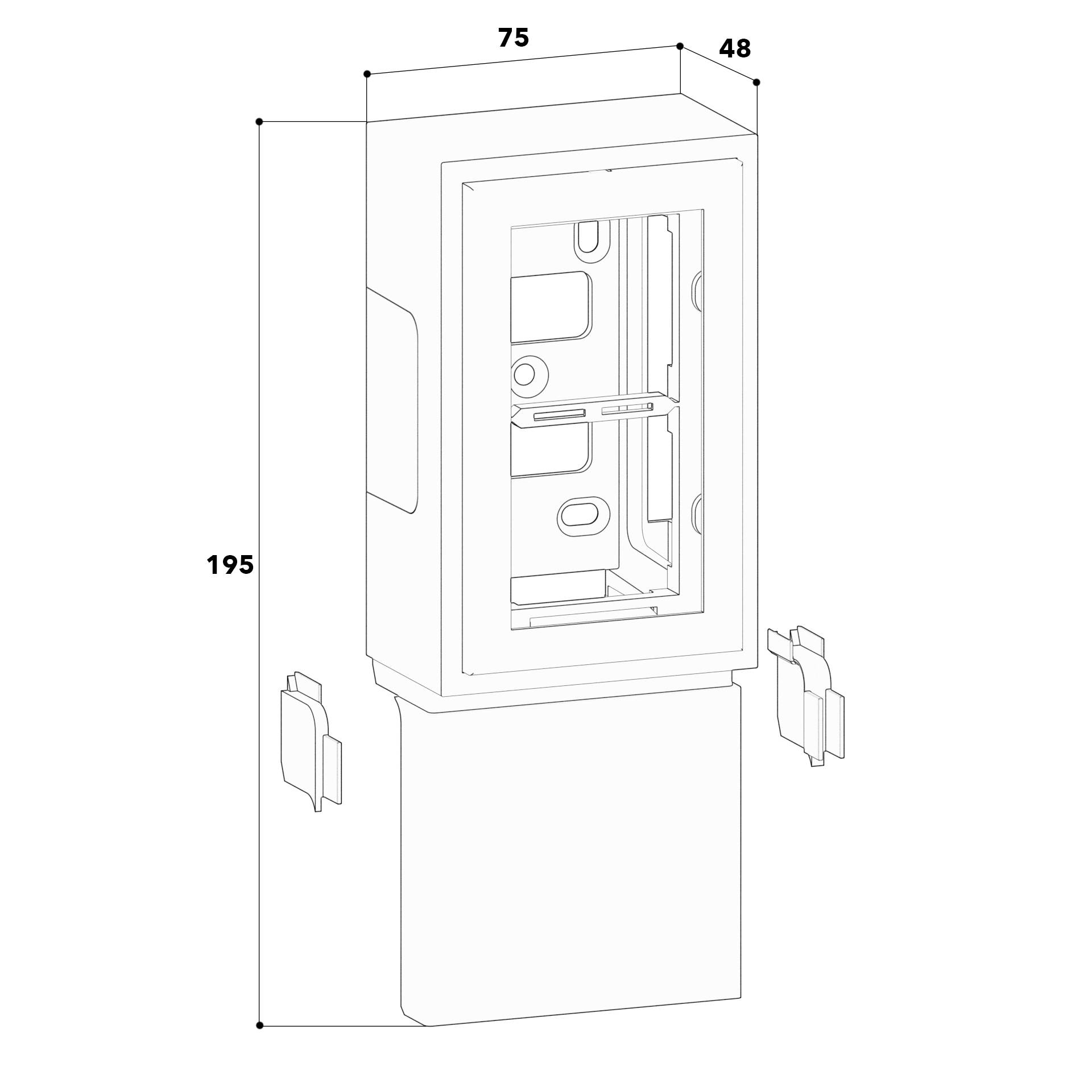Technische Zeichnung eines rechteckigen Geräts mit Maßen: Höhe 195 cm, Breite 75 cm, Tiefe 48 cm. Zwei Halterungen seitlich.