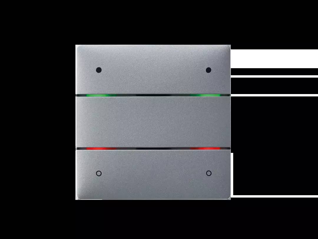 Ein graues Schalterpanel mit zwei horizontalen Leisten, die grüne und rote LED-Anzeigen enthalten, zeigt den Betriebsstatus an.