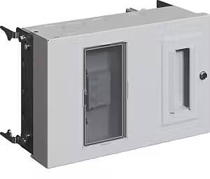 Graues elektrisches Schaltschrankgehäuse mit zwei Abdeckungen, links eine transparente Tür, rechts eine undurchsichtige.