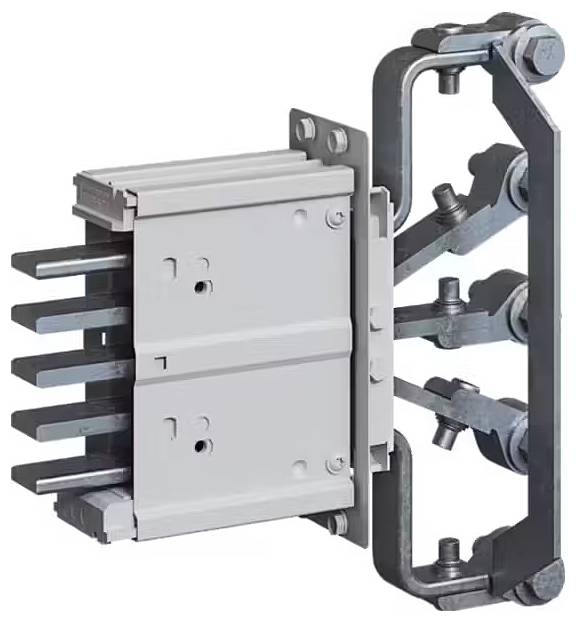 Ein elektrischer Leistungsschalter mit mehreren Klemmen und Schraubverbindungen. Er ist zur Sicherung elektrischer Systeme konzipiert.