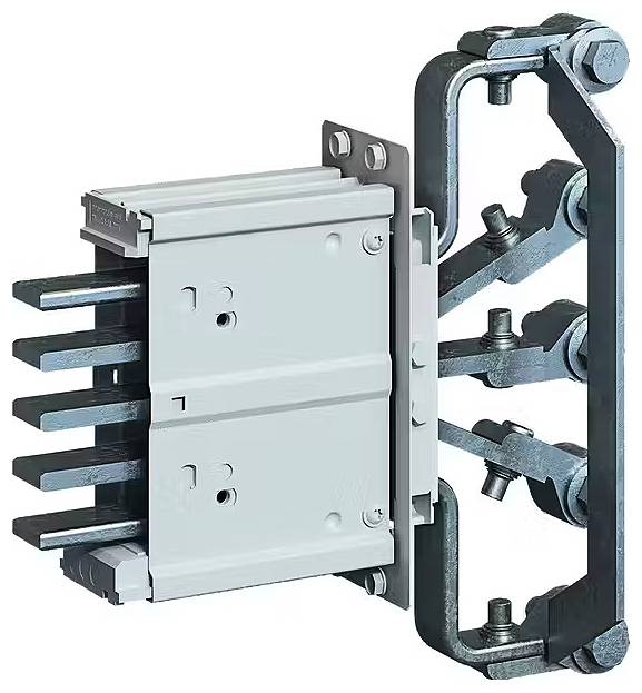 Schaltgerät mit Kippschalter in seitlicher Ansicht, zeigt Metallkomponenten mit mehreren Armen und Verbindungsschrauben.
