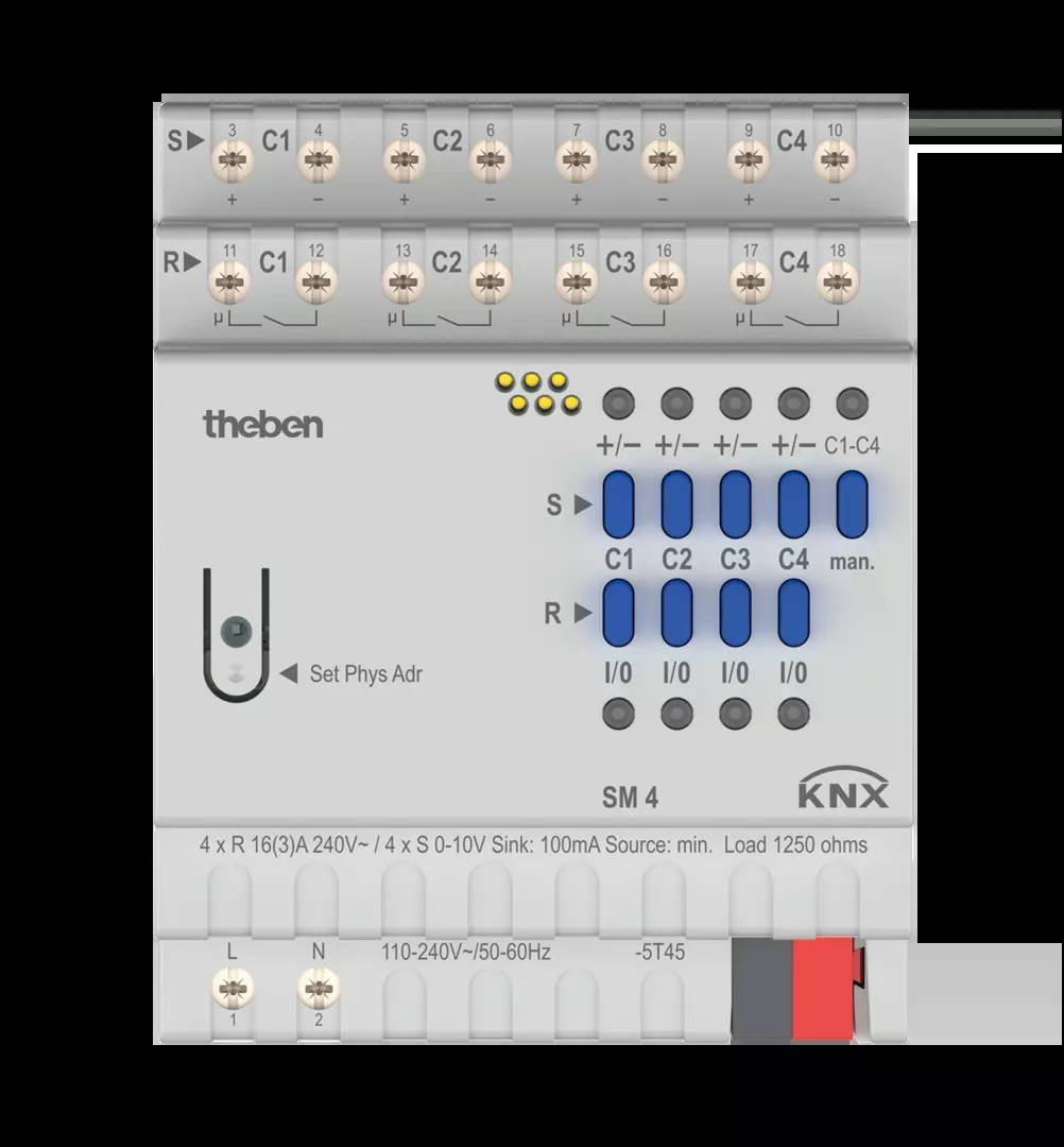 Ein KNX-Schaltaktor mit vier Schaltkanälen zur Steuerung von elektrischen Lasten. Oben befinden sich Anschlüsse und Status-LEDs.