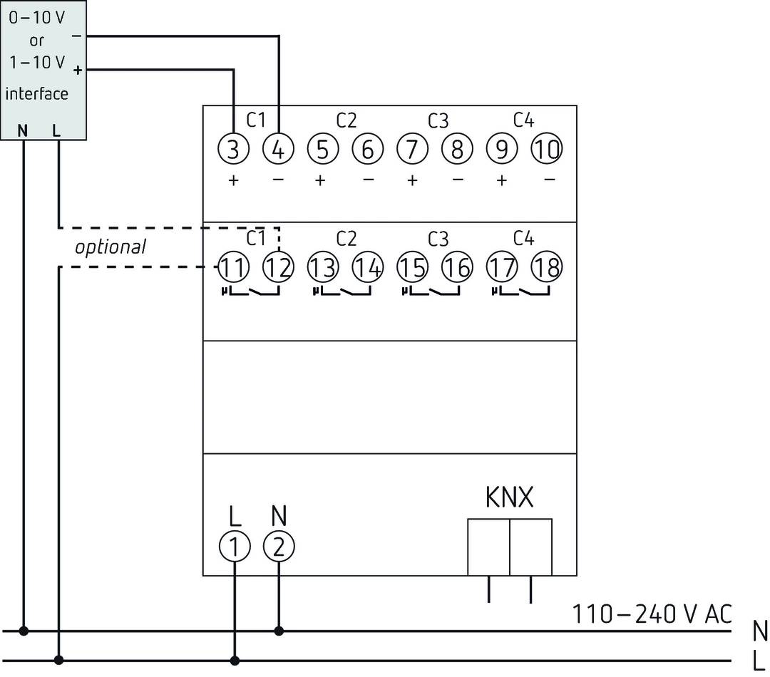 Elektrischer Schaltplan zeigt Anschlüsse und Verbindungspunkte für ein KNX-System. Sichtbar sind Klemmen und Anschlussoptionen.