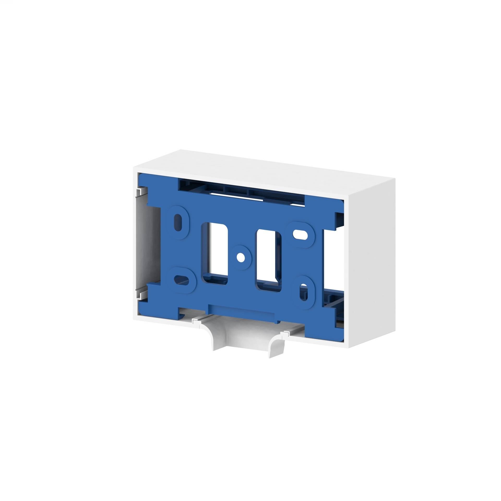 Rechteckiger Kunststoffkasten mit blauer Innenstruktur, geöffnet, zur Befestigung von Elektroinstallationen.